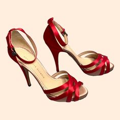 New Charlotte Olympia Red Satin Strappy Heels Size 38.5 // 8 Us. 5" Heel New Without Tags! Never Worn But Some Marks On Soles From Storage. No Box Or Dust Bags Smoke And Pet Free Home. Please Ask All Questions Before Purchasing! Red Open Toe Sandals For Gala, Red Round Toe Heels For Gala, Red Heels With Round Toe For Gala, Elegant Red High Heel Sandals, Red Ankle Strap Sandals For Cocktail, Elegant Red Sandals With 4-inch Heel, Red Heels With Heel Strap For Gala, Red Fitted Heels For Gala, Cocktail Heels With Red Sole And Ankle Strap