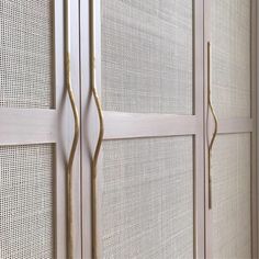 a white closet with gold handles and mesh coverings on the doors, in front of a window