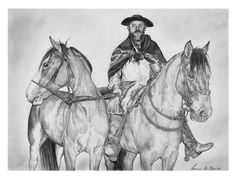 a drawing of a man riding on the back of two horses