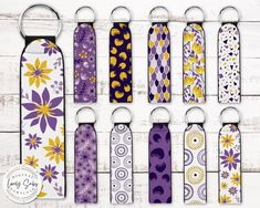 six purple and yellow floral bottle openers on white wooden background with text overlay