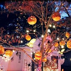 a house decorated for halloween with pumpkins on the tree and lights in the yard