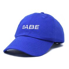 Embrace casual chic with our 'Babe' baseball cap designed for those who appreciate comfort and style. This 6-panel, low crown dad cap is crafted from 100% cotton, ensuring a soft and breathable feel that's perfect for any outing, whether you're spending quality time with family, enjoying a day in the sun, or simply adding a fun twist to your everyday ensemble. Versatility meets functionality with our cap, making it a go-to choice for every occasion. Measuring 11 inches in length, our hat provide Blue Cotton Snapback Hat With Embroidered Logo, Blue Cotton Baseball Cap With Embroidered Logo, Blue Cotton Snapback Trucker Hat, Blue Cotton Hats With Curved Bill, Blue Cotton Curved Bill Hats, Blue Cotton Dad Hat With Curved Visor, Blue Adjustable Cotton Dad Hat, Blue Cotton Dad Hat With Curved Brim, Blue Cotton Adjustable Baseball Cap