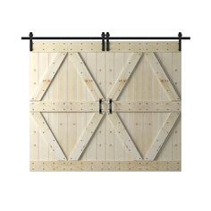 an image of a wooden sliding door with metal bars on it's sides and wood panels