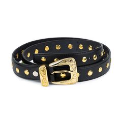 "Buy Gold Studded Belt - Black Gold Studded Belt - Studded Leather Belt - Womens Studded Belt - Gold Buckle Black Belt - Punk Belt - Goth belt BELT SIZE: Choose from drop down menu above BELT HEIGHT: 1 1/8\" | 3.0 cm LEATHER: Genuine Italian leather COLOR: Black BUCKLE: Metal, yellow gold color RIVETS: Gold color CONDITION: New INCLUDED: Dust bag Removable belt buckle, so you use your favorite buckle with the belt. ALL BELTS ARE MEASURED FROM THE LEATHER PART'S END TO THE MIDDLE HOLE. DISCOVER A Gold Studded Belt, Black Chain Belt With Belt Loops For Festivals, Black Chain Belt For Festival, Adjustable Black Belts With Studs, Adjustable Black Belt With Studs, Adjustable Festival Belts With Rivets, Clawdeen Costume, Goth Belt, Inner Monster