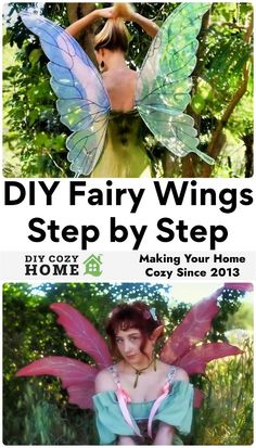 two pictures with the words diy fairy wings step by step