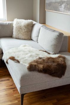 a living room with a gray couch and white fur rugs on the wooden floor