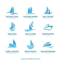 the logos for different types of boats and sailboats are shown in blue colors on a white background