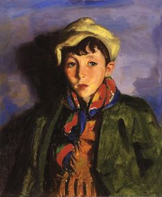 a painting of a young boy wearing a hat and scarf with his hands on his chest