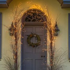 two potted plants are sitting in front of a door decorated with christmas lights and wreaths