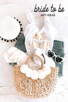 the bride to be gift idea is laid out on top of a basket with sunglasses