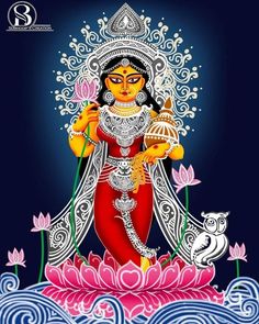 the hindu goddess sitting on top of a lotus flower with her hands in her pockets