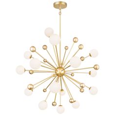 a chandelier with white and gold balls hanging from it's center point