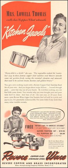 an old advertisement for kitchenware with a woman cooking in the pot and holding a frying pan