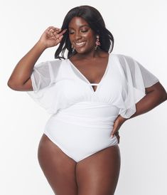 Unique Vintage Plus Size White Mesh Sleeved Torrey Swimsuit - Unique Vintage - Womens, SWIM, 1 PC Pool Outfits, Pool Fun, Plus Size Swimsuit, Plus Size White, Vintage Plus Size, Bathing Beauty, Plus Size One Piece, Mesh Sleeves, Plus Size Swimsuits