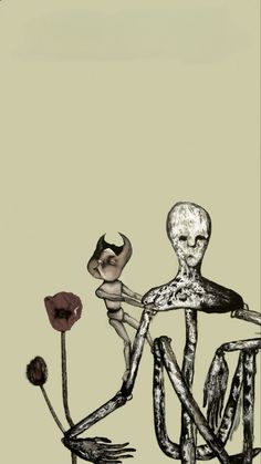 an alien sitting on top of a chair next to a flower