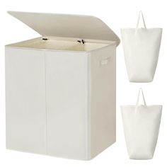 three white storage boxes with handles and two bags in front of one that has the lid open