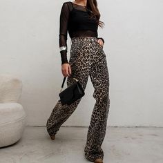 Introducing our trendy and bold high waist leopard print straight pants, perfect for those who love to make a statement with their streetwear style! These pants are made of 100% pure cotton, providing both comfort and breathability for all-day wear. Whether you're running errands or going to work, these pants are versatile enough to wear for any occasion. The straight leg cut provides a flattering silhouette, while the high waist design elongates your legs for a taller appearance. The leopard pr Cotton Wide Leg Leopard Print Pants, Trendy High Waist Leopard Print Pants, Casual High Waist Leopard Print Pants, Stretch Wide Leg Leopard Print Pants, Trendy Cotton Leopard Print Bottoms, Fall Straight Leg Leopard Print Pants, Trendy Cotton Bottoms In Leopard Print, Wide Leg Cotton Bottoms In Leopard Print, Leopard Print Cotton Pants For Spring