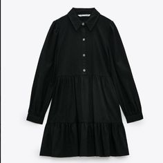 Zara Black Tiered Shirt Dress With Long Sleeves New With Tag! Size: S This Elegant Black Shirt Dress From Zara Features A Classic Collar, Button-Up Front, And Tiered Design For A Sophisticated Look. The Long Sleeves With Buttoned Cuffs Add A Touch Of Refinement, Making It Perfect For Both Casual And Formal Occasions. Crafted From High-Quality Materials, This Dress Ensures Comfort And Style. A18-011 Black Cotton Shirt Dress For Spring, Casual Ruffled Shirt Dress For Fall, Casual Black Collared Mini Dress, Casual Black Shirt Dress For Daywear, Black Collared Cotton Shirt Dress, Black Button-up Shirt Dress For Spring, Black Cotton Shirt Dress For Fall, Black Collared Midi Dress For Spring, Spring Black Collared Midi Dress