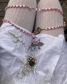 Esoteric Outfit, Pink Rosary, Coquette Core, Angel Energy, Holy Mary, Foto Ideas Instagram, Doll Parts, White Skirt