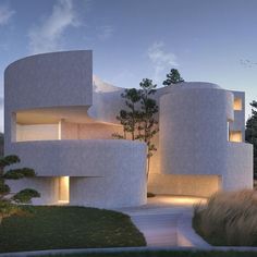 an architecturally designed building with trees and bushes in the foreground at night time