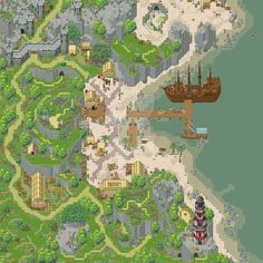 an old computer game map with ships and buildings on the shore, surrounded by trees