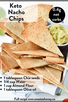 a plate with chips and guacamole next to the words keto nacho chips