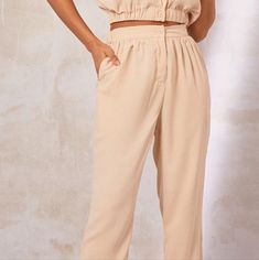 Nwt Prettylittlething Stone Woven Chiffon Cuffed Trousers Us 2/Uk 6. Beige Pants For Night Out In Spring, Cream Bottoms For Spring Night Out, Feminine Cream Bottoms For Work, Casual Beige Bottoms For Date Night, Beige Bottoms For Date Night In Spring, Beige Fitted Bottoms For Date Night, Fitted Beige Bottoms For Date Night, Summer Date Night Pants With Pockets, Feminine Summer Bottoms For Date Night