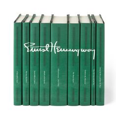 This set, wrapped in dark green jackets and showcasing his iconic signature, will be the centerpiece of any shelf and make for many adventurous hours of reading. Ernest Hemingway. Custom jackets Hemingway Books, Ernest Hemingway Books, Dark Green Jacket, A Farewell To Arms, Islands In The Stream, Signature Book, The Sun Also Rises, Coffee Books, Custom Book