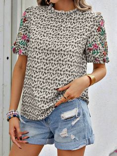 Women's 2024 Embroidery Floral Short SleeveT-Shirt High Collar Cute Tee Casual Embroidered Crew Neck Top, Short Sleeve Cotton Embroidered Top With Floral Print, Cotton Short Sleeve Embroidered Top With Floral Print, Cotton Embroidered Floral Print Short Sleeve Top, Floral Print Cotton Embroidered Short Sleeve Top, Spring Short Sleeve Blouse With Multicolor Embroidery, Multicolor Embroidered Short Sleeve Blouse For Spring, Casual Multicolor Embroidered Cotton Blouse, Casual Cotton Blouse With Multicolor Embroidery