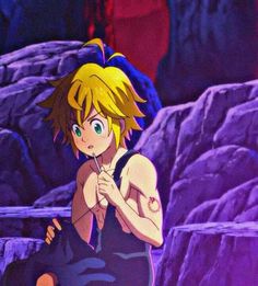 an anime character sitting on the ground in front of some rocks and looking at something