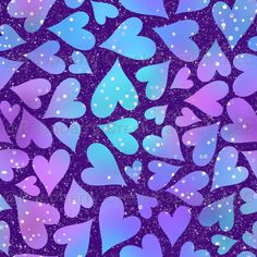 purple and blue hearts with bubbles in the air on a purple background that is filled with stars