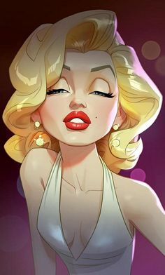 a drawing of a woman with blonde hair and red lips wearing a white halter top