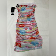 Nwt; White Fox Mesh Minidress Tropical Horizon Sz:Xs Multicolor Ruched Bodycon Dress, Multicolor Bodycon Dress With Ruched Detail, Multicolor Bodycon Ruched Dress, Multicolor Ruched Mini Dress, Fox Dress, White Fox, Red Blue, Red And Blue, Color Blue