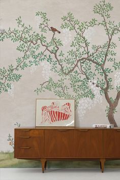 Japanese Garden Birds Wallpaper Mural Tree Wall Murals, Banana Leaf Wallpaper, Peach Wallpaper, Bring Nature Indoors, Garden Birds, Nature Inspired Decor