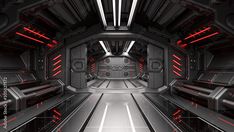 an image of a sci - fi space station corridor