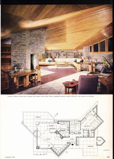 an architectural drawing shows the living room and kitchen in this modern style home, as well as another floor plan