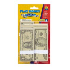 two packs of money in plastic packaging on a white background with the words play money cut bills