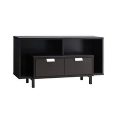 an entertainment unit with two drawers and one door open on the side, in black