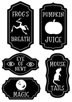 four black and white labels that say, frog's breath, juice, eye of new