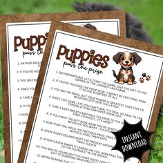 three puppy puppies pet information cards on the grass