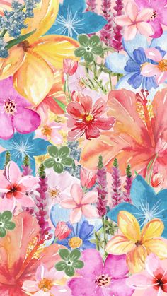 watercolor flowers and plants on a blue background with pink, green, yellow, orange, and red colors