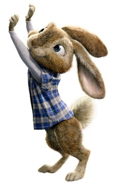 the rabbit is wearing a blue dress and jumping up into the air with his arms in the air