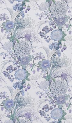 a floral wallpaper with blue and white flowers