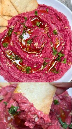 two pictures of hummus and pita chips with red sauce in the middle, one is