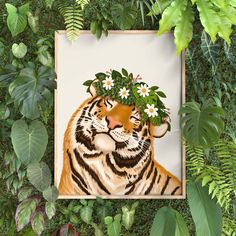 an image of a tiger with flowers on its head in the middle of plants and foliage