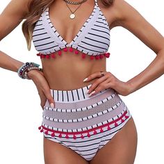 Astylish Women's High Waist Two Pieces Bikini Set Halter Straps Tassel Swimsuit - Brand New, Never Worn 82% Nylon, 18% Spandex Imported Tie Closure Hand Wash Only Two Pieces Swimsuit, Sexy Low V Neck And Cute Tassel Design. Adjustable Halter Tops, Mesh High Waist Bottom Can Easy Hide The Belly. Soft Removeable Padded Cups, The High Waist Panty Flatters A Bombshell Shape. High Waist Panty, Swimsuit Brands, Swimsuit Material, Swimwear High Waisted, Swimsuits High Waisted, Blue Swimsuit, High Waist Bottoms, Pin Up Style, Two Pieces