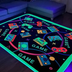 an illuminated game table in the middle of a living room