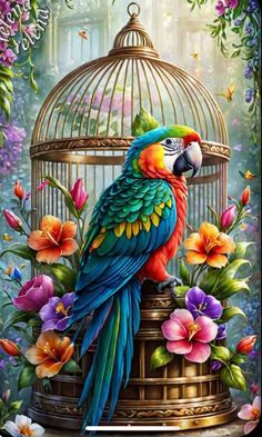 a colorful parrot sitting on top of a birdcage in front of flowers and butterflies