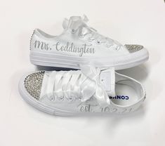 Rhinestone Converse Wedding, Bridal Converse Mrs, Sneaker Wedding, Custom Wedding Sneakers With Rhinestones, White Custom Sneakers With Rhinestones For Wedding, Bedazzled Wedding Converse, Personalized Converse, Wedding Shoes Sneakers, Converse Wedding