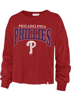 47 Philadelphia Phillies Womens Red Parkway LS Tee Phillies World Series 2022 Shirts, Phillies Game Outfit Women, University Red Long Sleeve Top, University Red Long Sleeve Tops For Spring, Red Long Sleeve Tops With Ribbed Cuffs, Spring Red Top With Ribbed Cuffs, Red T, Philadelphia Phillies, Red Tshirt